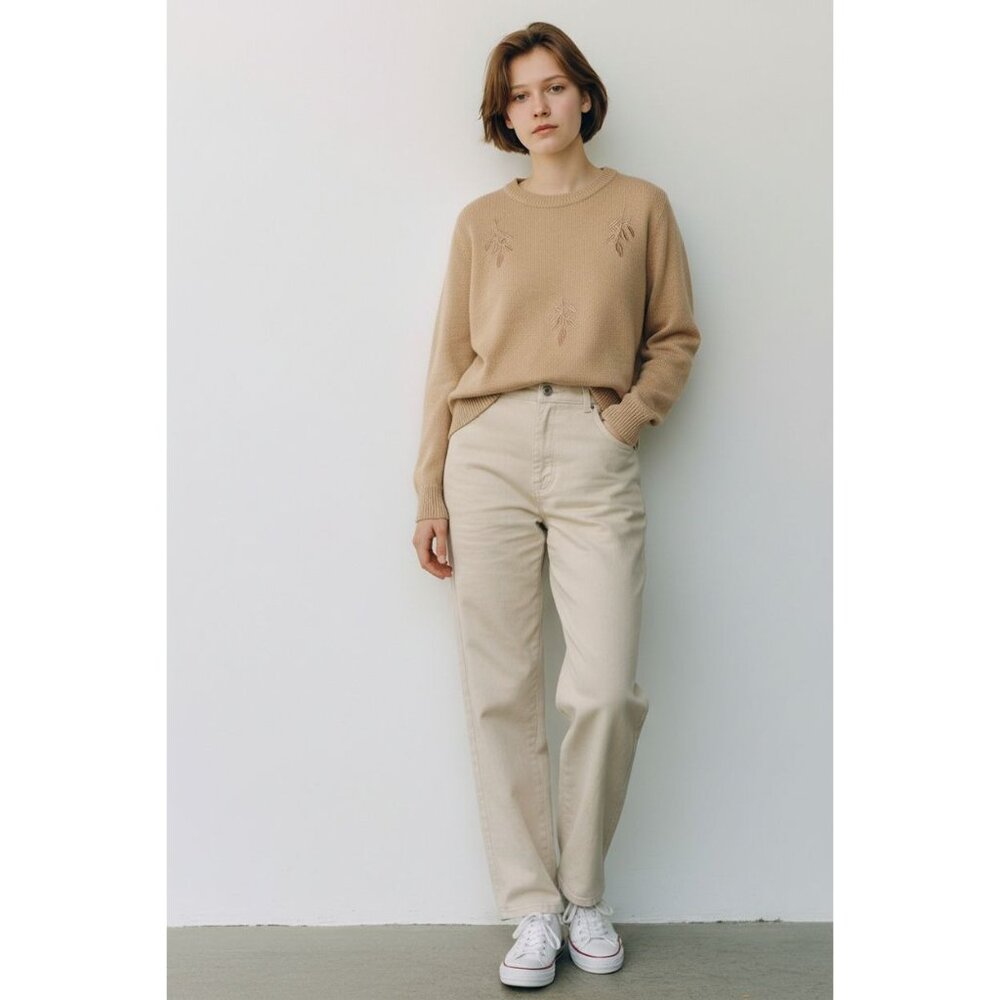 Carlucci Tan Beige Embroidered Knit Sweater Medium - Picture 2 of 9